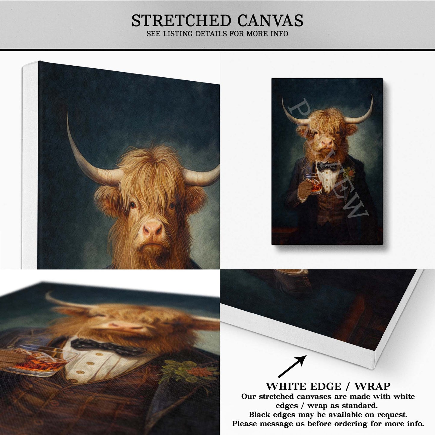 Vintage Highland Cow Drinking Whisky Stretched Canvas - Vintage Panda Designs